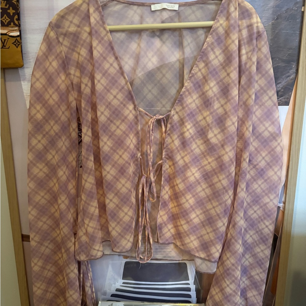 Zara Purple and Cream Plaid Sheer Blouse